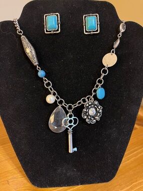 Silver Key and Turquoise Charm Necklace with Matching Earrings